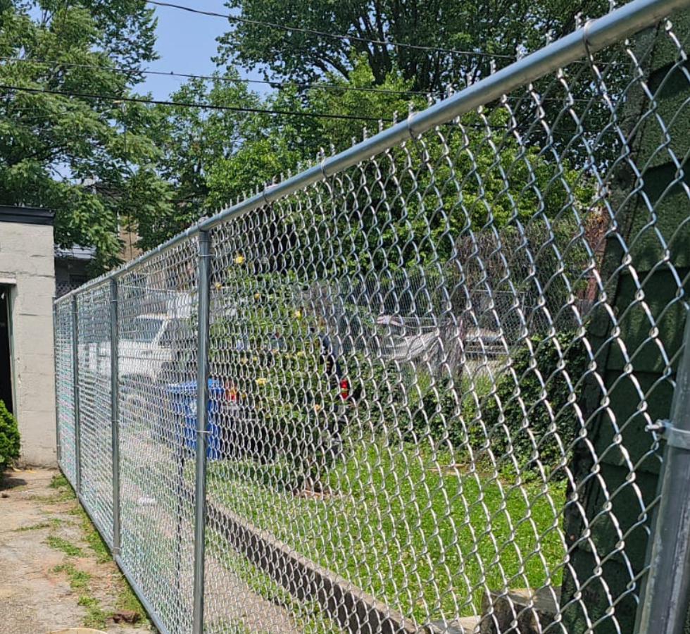 The image shows a chain-link fence running along a grassy yard with trees and houses in the background. The fence is made of metal and has a diamond pattern. The sky is clear and blue, and the scene appears to be in a residential area.