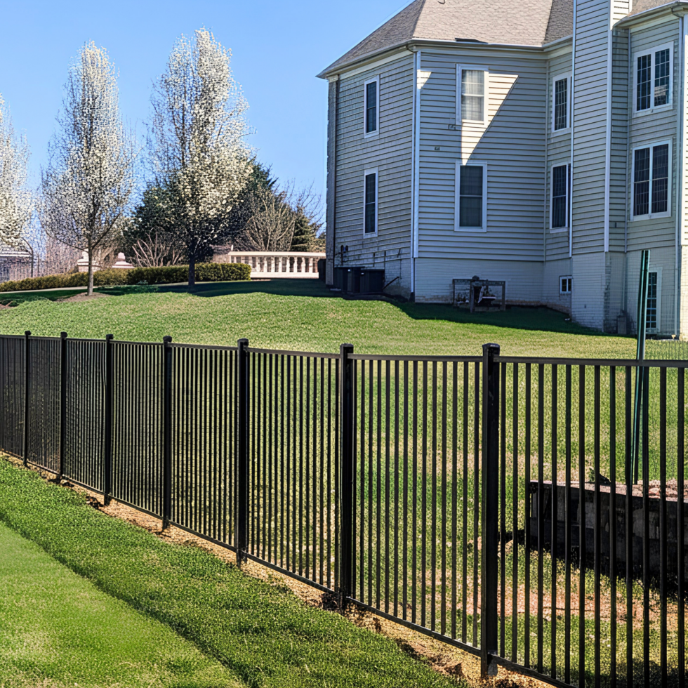 A white multi-story house with many windows and a steep roof, situated on a well-maintained grassy lawn. In the foreground, there is a black metal fence running along the edge of the lawn. Two trees with white blossoms are positioned in the background, and a clear blue sky is overhead.