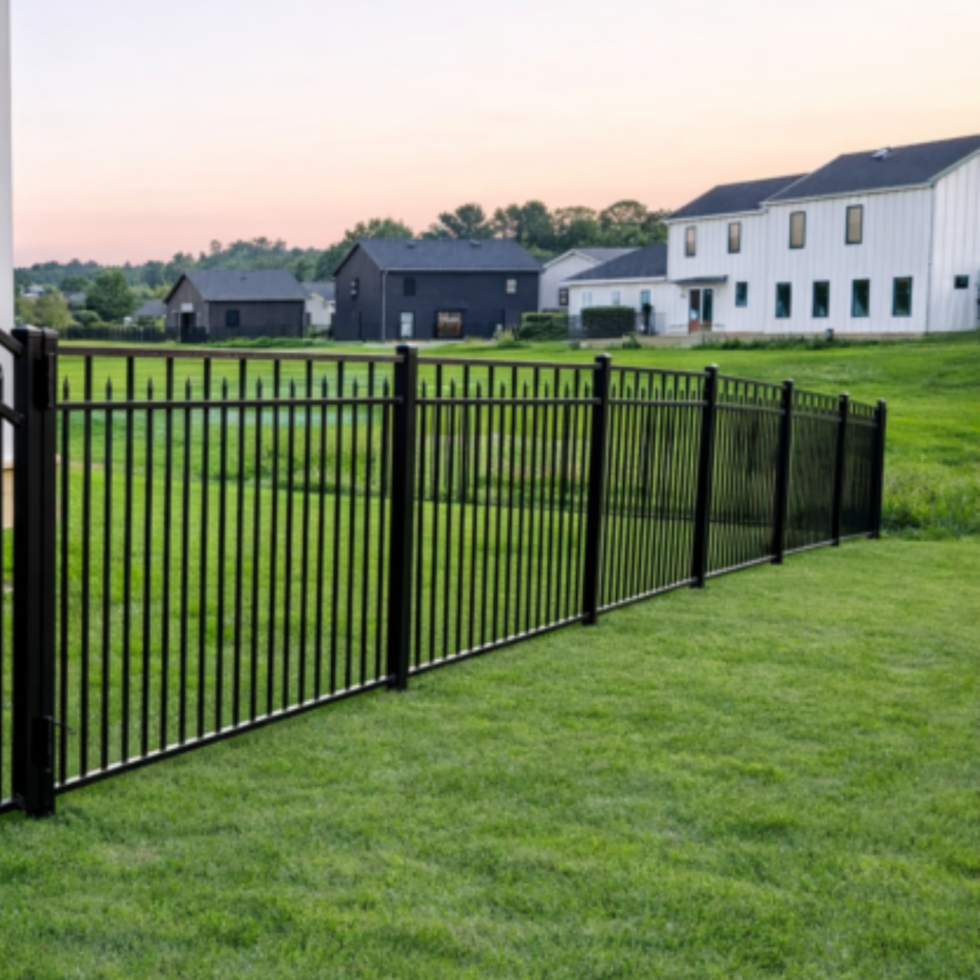 A black metal fence with vertical bars runs along a well-maintained grassy lawn, with a backdrop of modern white and dark-colored houses and trees under a soft, pastel-colored sky at sunset.
