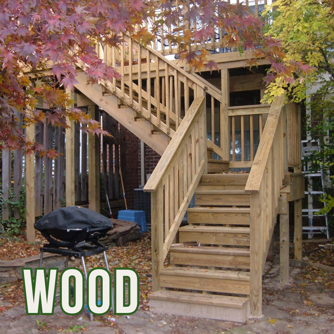 The image shows a wooden outdoor staircase and deck structure, with a grill covered by a black cover in the foreground. There are trees with colorful autumn leaves surrounding the area. The word "WOOD" is written in large, bold, green-outlined letters at the bottom left of the image.