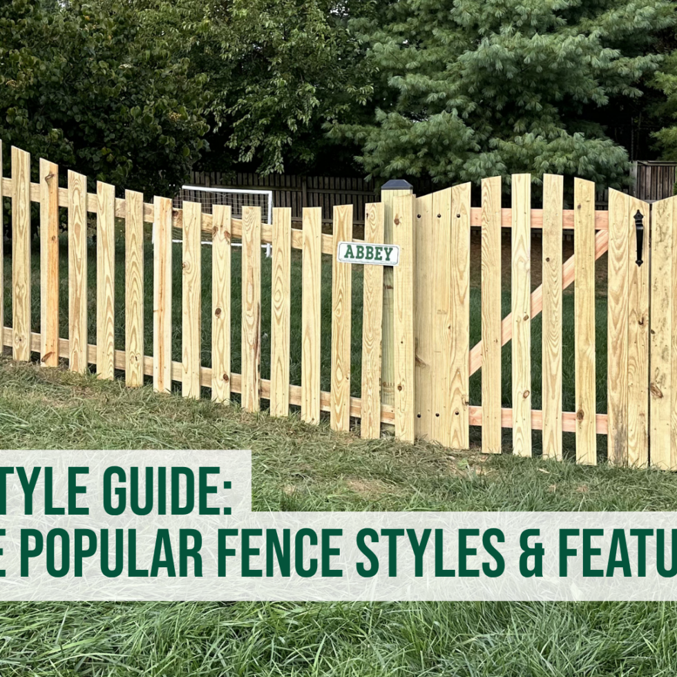 The image shows a long, newly installed wooden fence with vertical slats and a small gate, set in a grassy yard with trees in the background. There is a small sign on the gate that reads "ABBEY." In the top right corner, the logo of "ABBEY FENCE & DECK CO." is visible. At the bottom, there's a text overlay that says "FENCE STYLE GUIDE: EXPLORE POPULAR FENCE STYLES & FEATURES."