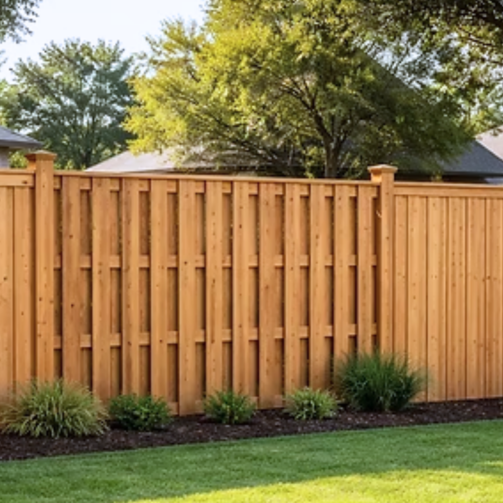 A newly built wooden privacy fence with vertical slats and sturdy posts, enclosing a backyard. In front of the fence, there is a well-maintained green lawn and a flower bed with small shrubs and ornamental grasses. Behind the fence, tall trees with lush green foliage provide additional shade and privacy. The scene appears to be taken during a sunny day.