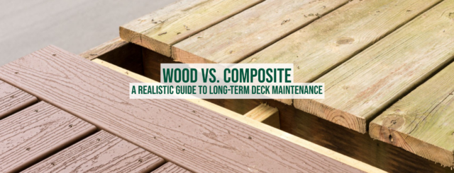 Close-up image comparing wooden and composite decking materials, showing the texture and color differences in a realistic setting.