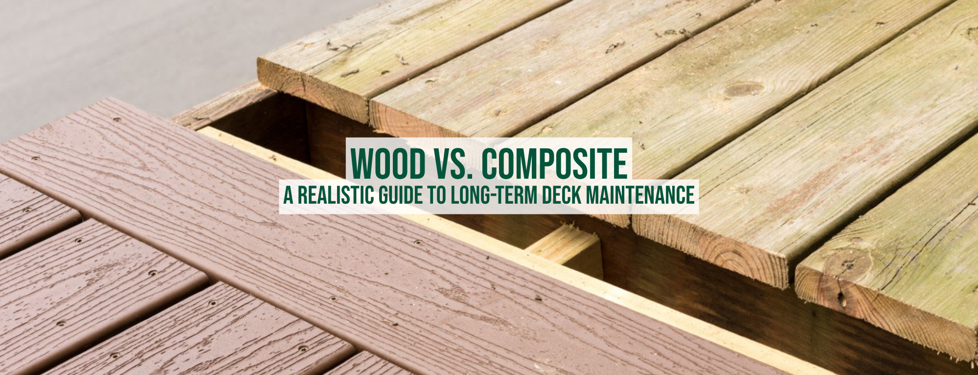 Close-up image comparing wooden and composite decking materials, showing the texture and color differences in a realistic setting.