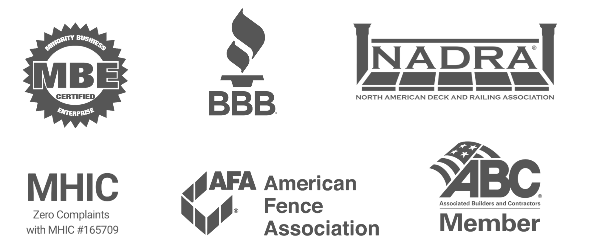 Abbey Fence & Deck certifications and industry affiliations including MHIC, American Fence Association, BBB, NADRA, ABC, and MBE