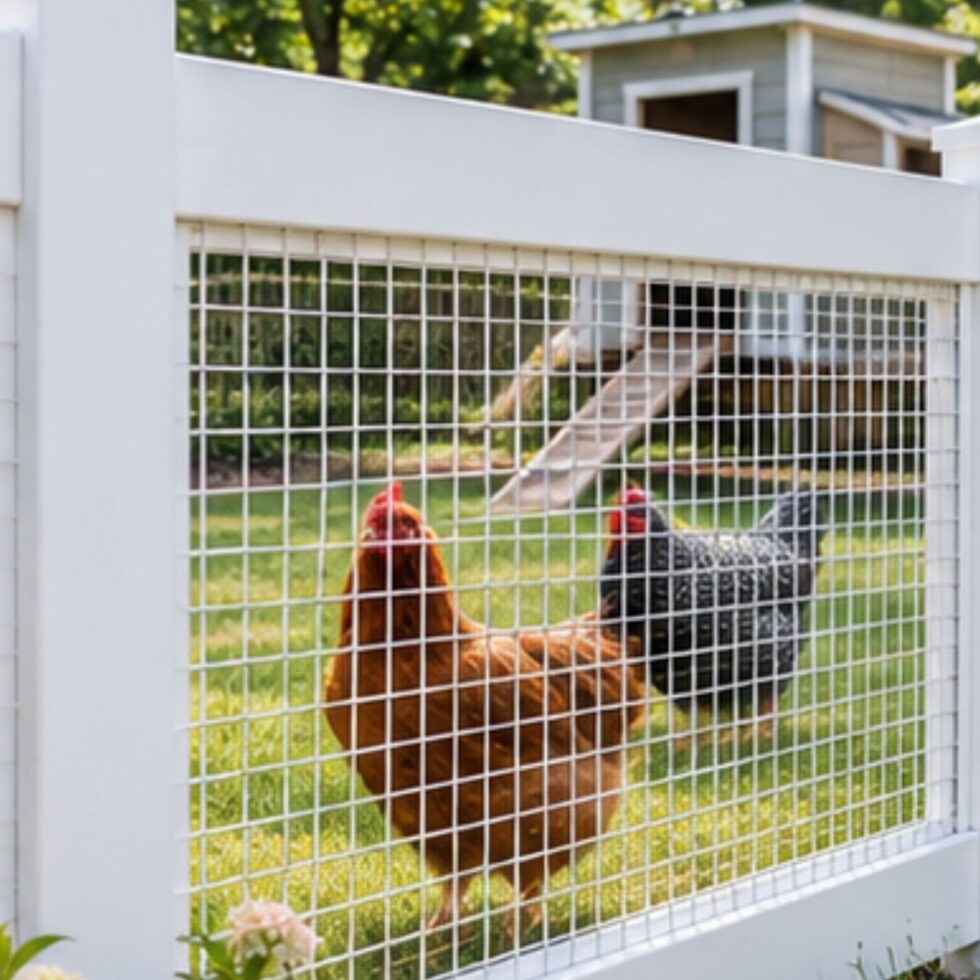 Colorful backyard chickens walking on the grass behind a white-framed wire mesh enclosure fence.