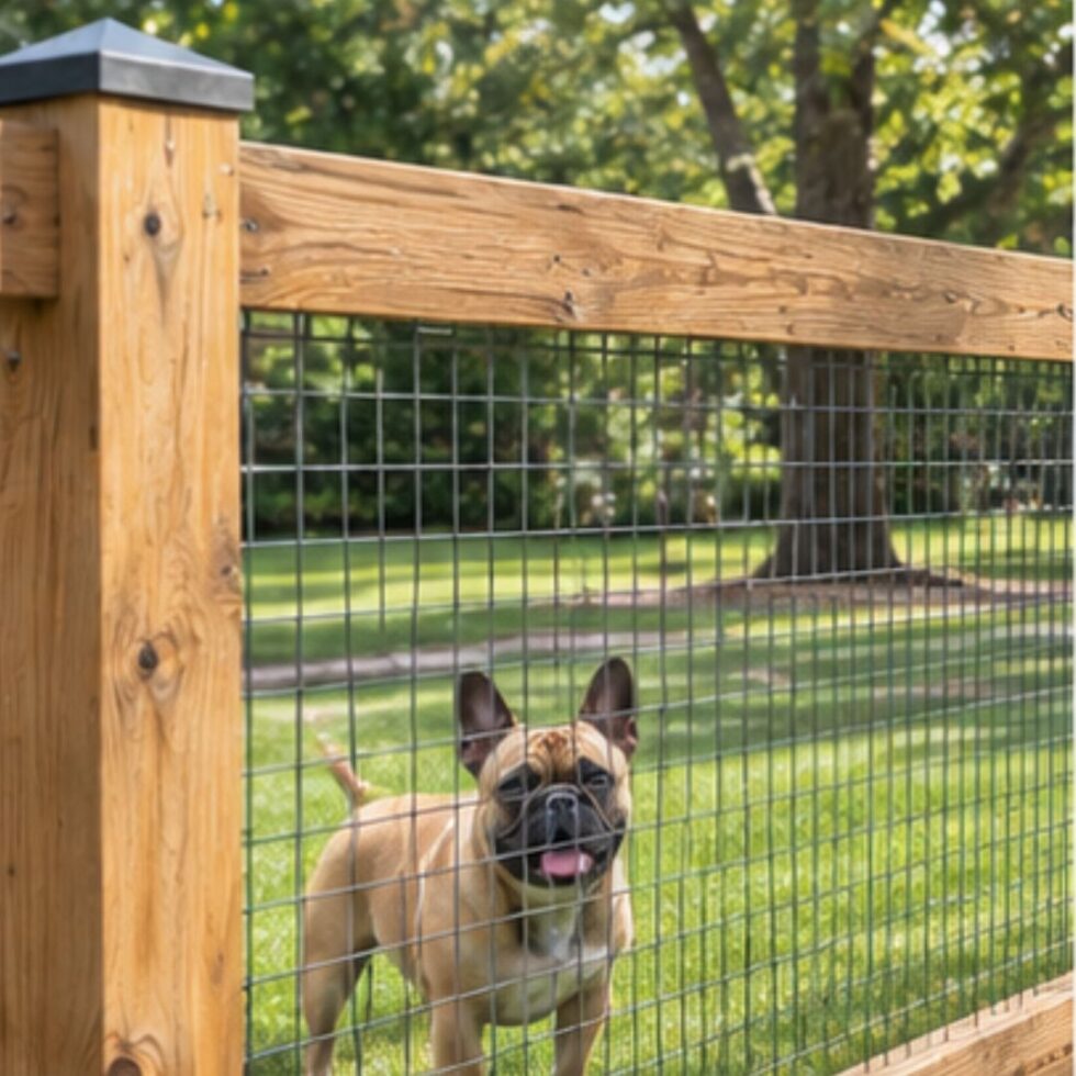 An adorable French bulldog standing behind a secure welded wire mesh fence with wooden posts.