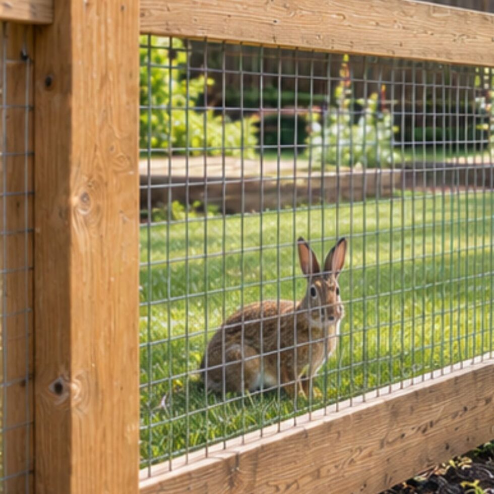 A wild brown rabbit sitting safely on the grass behind a wooden-framed garden wire mesh fence.